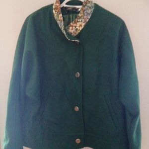 Vtg VALDECRAFTS Retro Classy Green  WOOL Vermont Large Buttons Batwing Coat. XL?